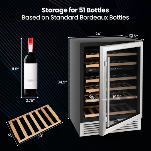 Dual Zone Wine Cooler for 51 Bottles with Reversible Door-Silver