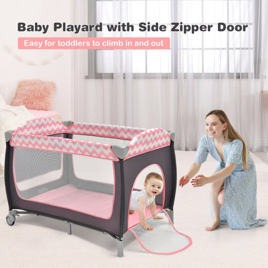 3-in-1 Portable Baby Playard with Zippered Door and Toy Bar-Pink