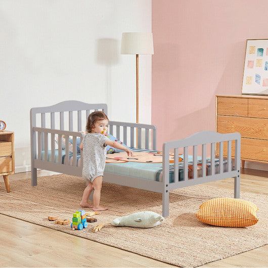 Classic Design Kids Wood Toddler Bed Frame with Two Side Safety Guardrailss-Gray
