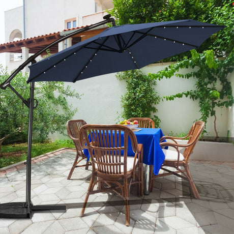 10 ft 360° Rotation Solar Powered LED Patio Offset Umbrella without Weight Base-Navy