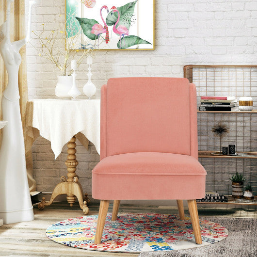 Velvet Accent Armless Side Chair with Rubber Wood Legs for Bedroom-Pink