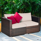 2 Pieces Patio Rattan Sectional Conversation Sofa Set-Beige