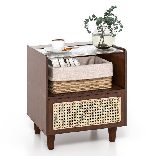 2 Pieces Bamboo Rattan Nightstand with Drawer and Solid Wood Legs-Brown