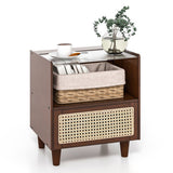 2 Pieces Bamboo Rattan Nightstand with Drawer and Solid Wood Legs-Brown