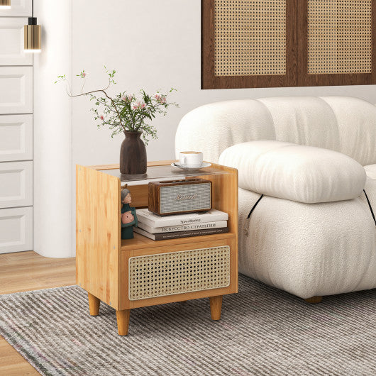 2 Pieces Bamboo Rattan Nightstand with Drawer and Solid Wood Legs-Natural