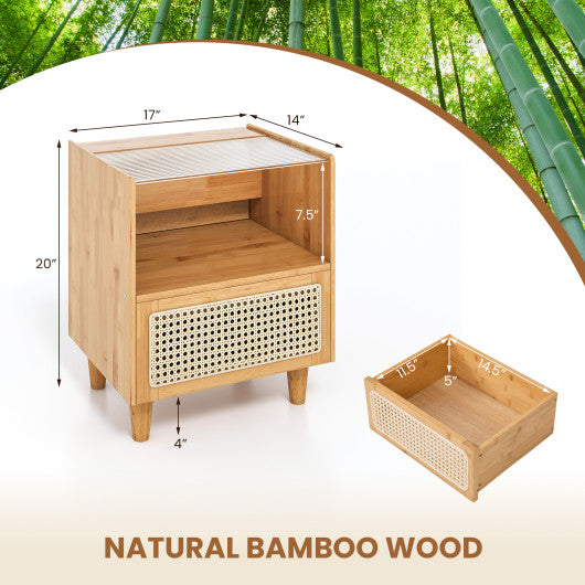 2 Pieces Bamboo Rattan Nightstand with Drawer and Solid Wood Legs-Natural