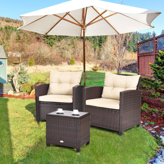 3 Pcs Patio Rattan Furniture Set Cushioned Conversation Set Coffee Table-Beige