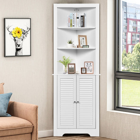 Free Standing Tall Bathroom Corner Storage Cabinet with 3 Shelves-White