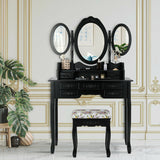 7 Drawer Tri-Folding Mirror Dressing Vanity Makeup Set-Black