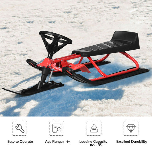 Kids Snow Sled with Steering Wheel and Double Brakes Pull Rope-Red