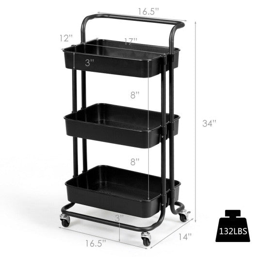 3-Tier Utility Cart Storage Rolling Cart with Casters-Black