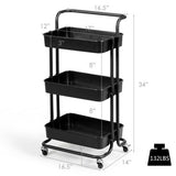 3-Tier Utility Cart Storage Rolling Cart with Casters-Black