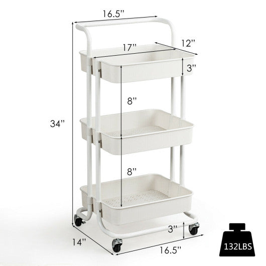 3-Tier Utility Cart Storage Rolling Cart with Casters-White