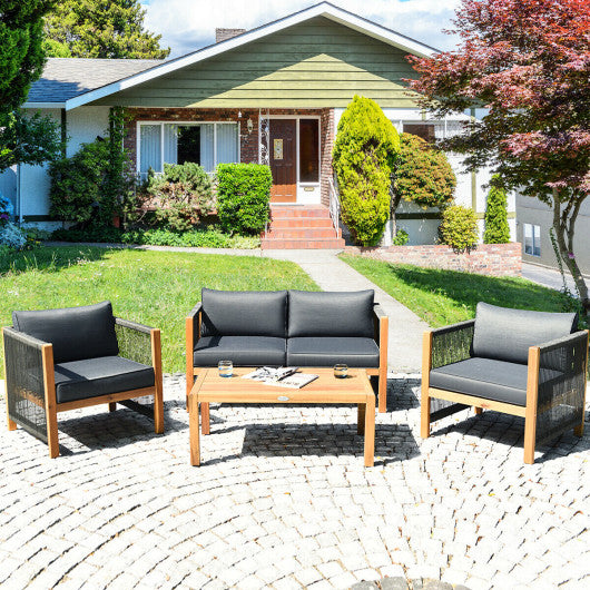 4 Pieces Acacia Wood Outdoor Patio Furniture Set with Cushions-Gray