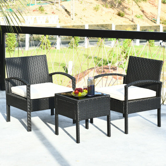 3 Pieces Outdoor Rattan Patio Conversation Set with Seat Cushions-White