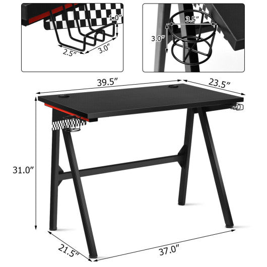 Ergonomic Computer Gaming Desk with Cup Holder and Headphone Hook