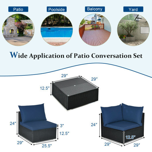 7-Piece Outdoor Sectional Wicker Patio Sofa Set with Tempered Glass Top-Navy