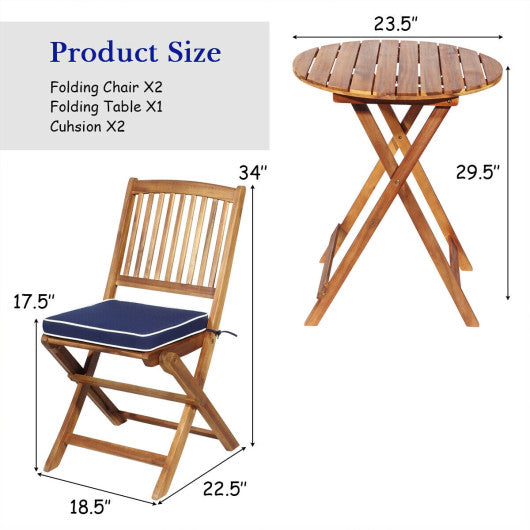 3 Pieces Patio Folding Bistro Set with Padded Cushion and Round Coffee Table-Navy