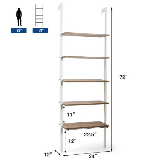 5-Tier Wood Look Ladder Shelf with Metal Frame for Home-White