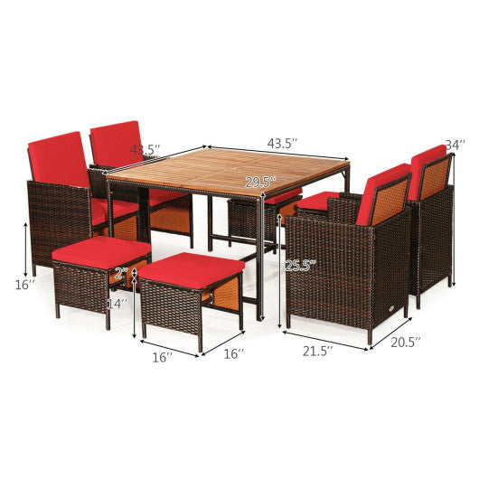 9 Pieces Patio Rattan Dining Cushioned Chairs Set-Red