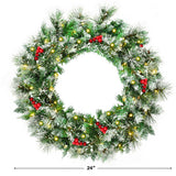 24-Inch Pre-lit Flocked Christmas Spruce Wreath with LED Lights