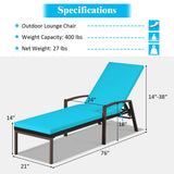 2 Pieces Patio Rattan Adjustable Back Lounge Chair with Armrest and Removable Cushions-Turquoise
