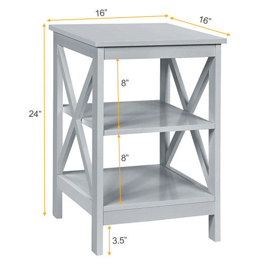 3-Tier Nightstand End Table with X Design Storage -Gray