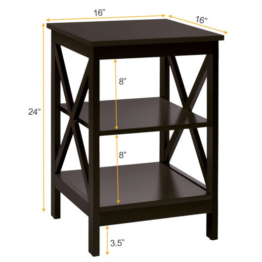 3-Tier Nightstand End Table with X Design Storage -Dark Brown