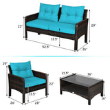 4 Pieces Outdoor Rattan Wicker Loveseat Furniture Set with Cushions-Turquoise