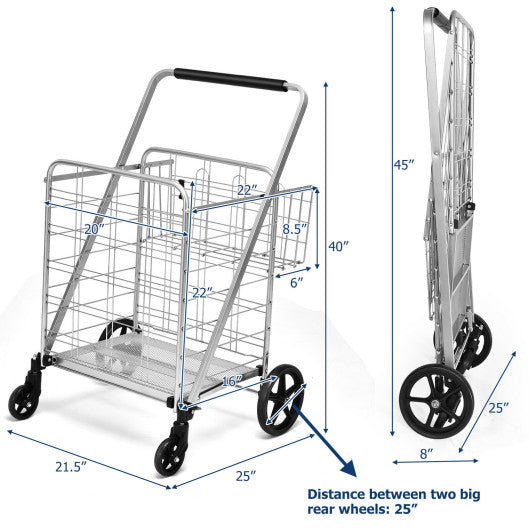 Heavy Duty Folding Utility Shopping Double Cart-Silver