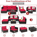 5 Pieces Patio Rattan Sectional Furniture Set with Cushions and Coffee Table-Red