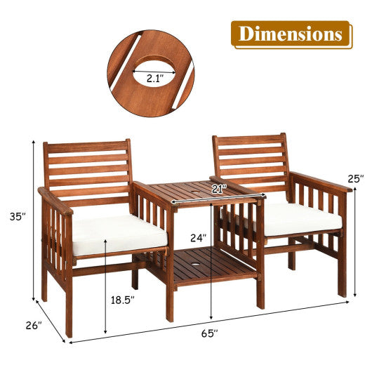 3 pcs Outdoor Patio Table Chairs Set Acacia Wood Loveseat-White