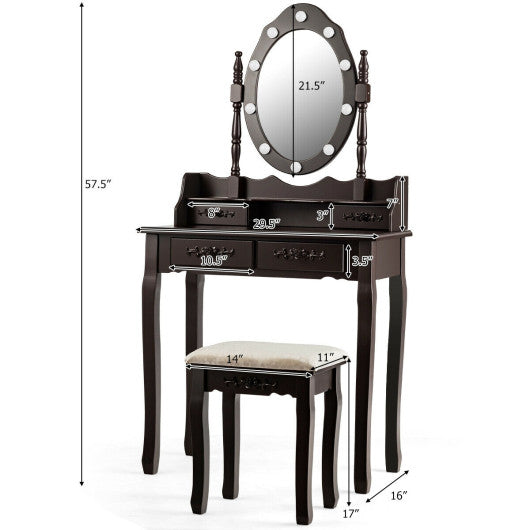 Makeup Vanity Dressing Table Set with Dimmable Bulbs Cushioned Stool-Coffee