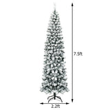 7.5 Feet Unlit Hinged Snow Flocked Artificial Pencil Christmas Tree with 641 Tips