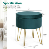 Round Velvet Storage Ottoman Footrest Stool Vanity Chair with Metal Legs-Dark Green