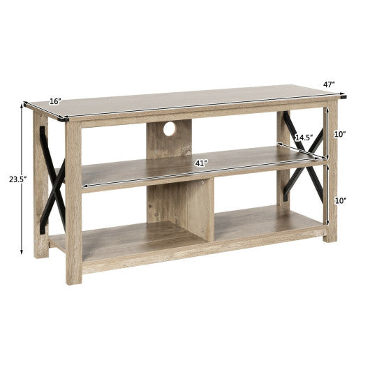 3 Tier Wood TV Stand for 55-Inch with Open Shelves and X-Shaped Frame-Gray