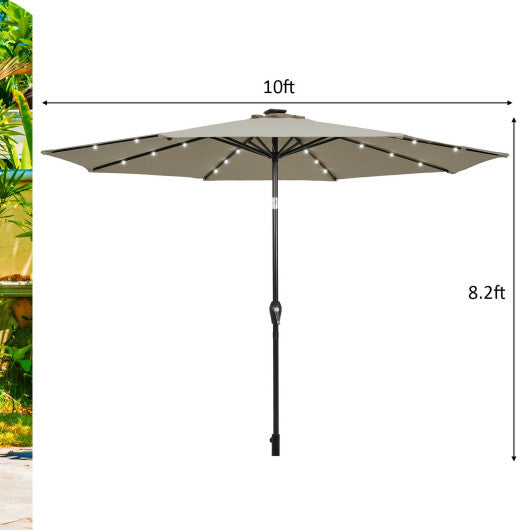 10' Solar LED Lighted Patio Market Umbrella Shade Tilt Adjustment Crank-Tan