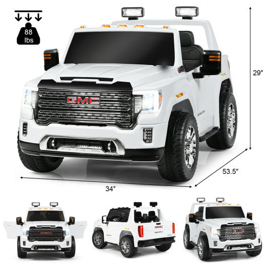 12V 2-Seater Licensed GMC Kids Ride On Truck RC Electric Car with Storage Box-White