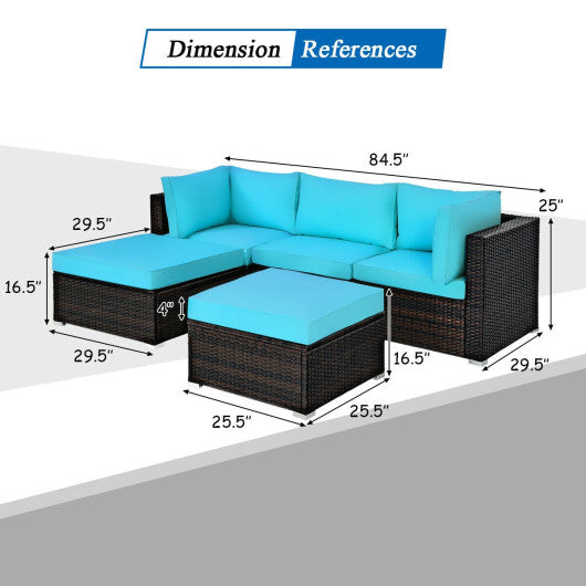 5 Pieces Patio Rattan Sectional Conversation Ottoman Furniture Set-Blue