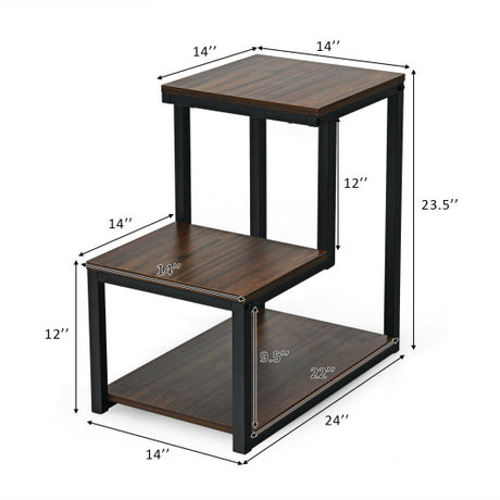 3-Tier Ladder-Shaped Chair Side Table with Storage Shelf-Brown