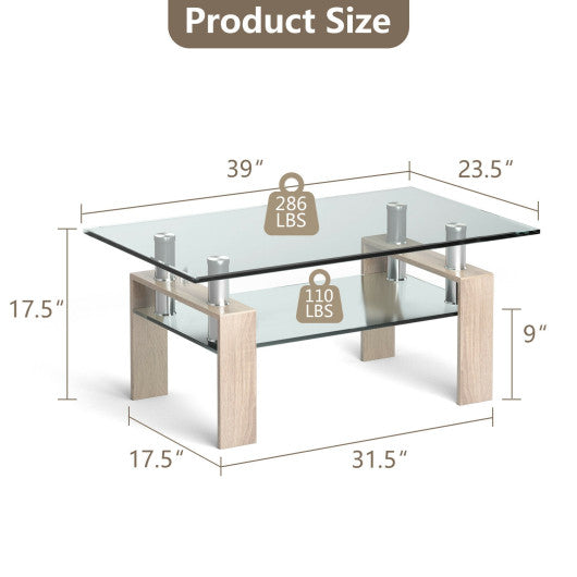 Rectangle Glass Coffee Table with Metal Legs for Living Room-Natural