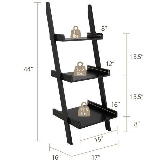 3.7 Ft 3-Tier Wooden Leaning Rack Wall Book Shelf Ladder-Black