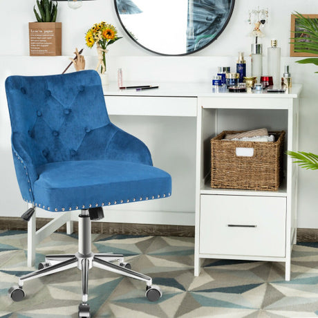 Tufted Upholstered Swivel Computer Desk Chair with Nailed Tri-Blue