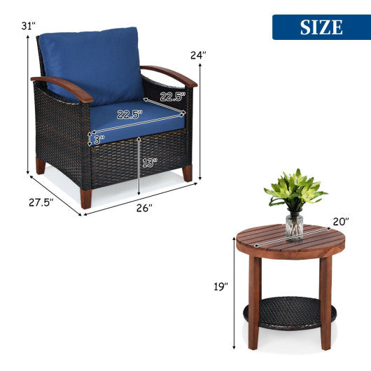 3 Pieces Patio Rattan Furniture Set with Washable Cushion and Acacia Wood Tabletop-Blue