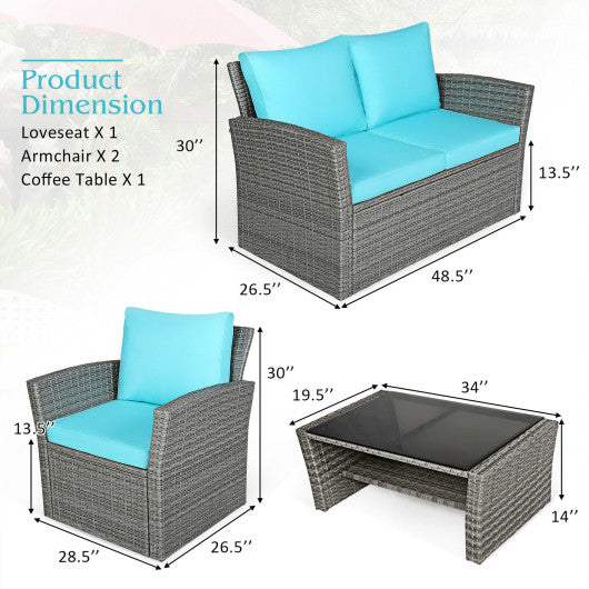 4 Pieces Patio Rattan Furniture Set Sofa Table with Storage Shelf Cushion-Turquoise