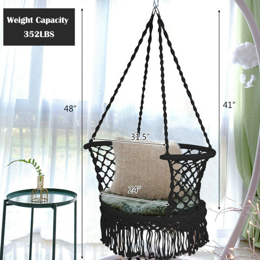 Hanging Hammock Chair with 330 Pounds Capacity and Cotton Rope Handwoven Tassels Design-Black