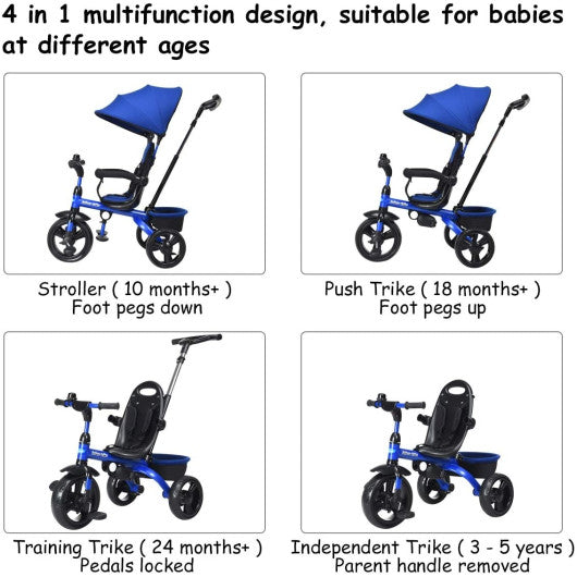4-in-1 Kids Tricycle with Adjustable Push Handle-Blue