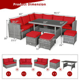 7 Pieces Patio Rattan Dining Furniture Sectional Sofa Set with Wicker Ottoman-Red