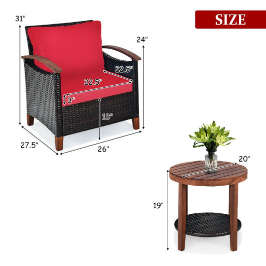 3 Pieces Patio Rattan Furniture Set with Washable Cushion and Acacia Wood Tabletop-Red