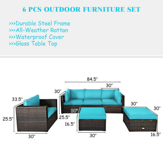 6 Pcs Patio Rattan Furniture Set with Sectional Cushion-Turquoise